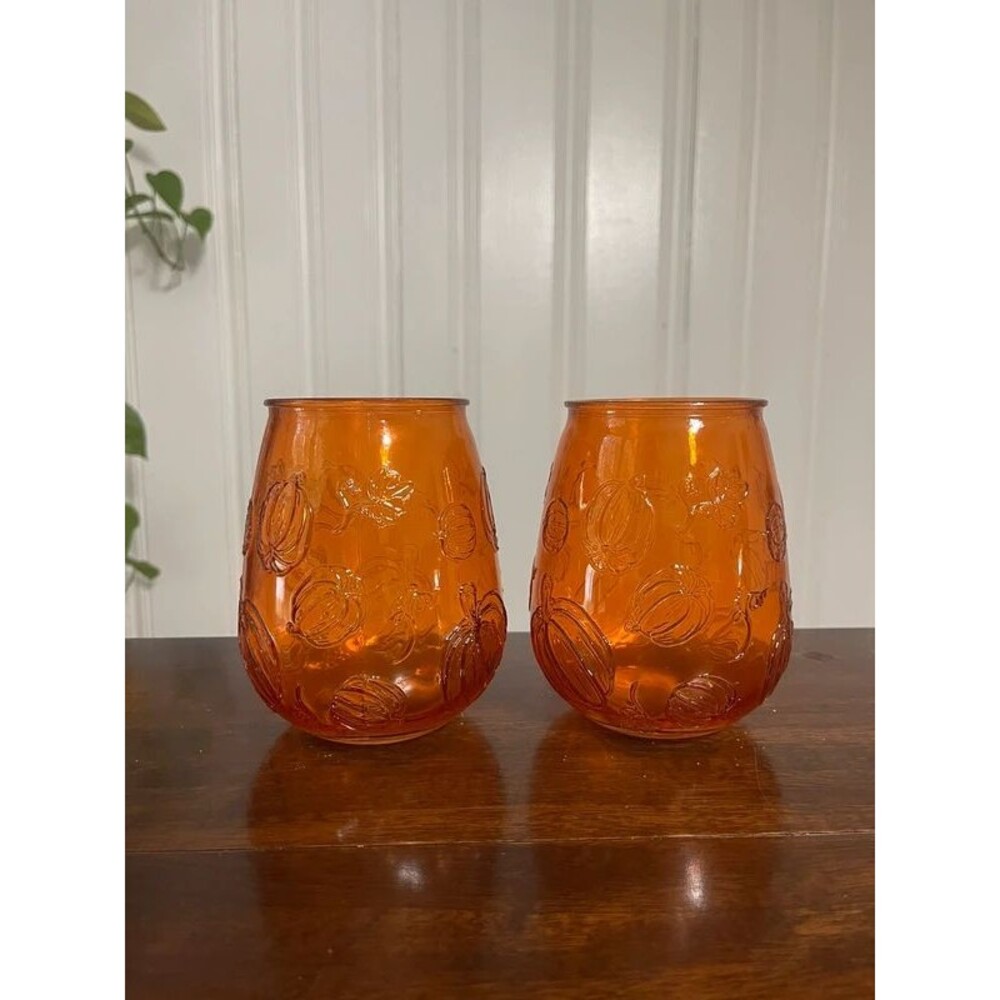 Pair Of Embossed Orange Pumpkin Fall Leaf Pattern Stemless Wine Glass Tumblers